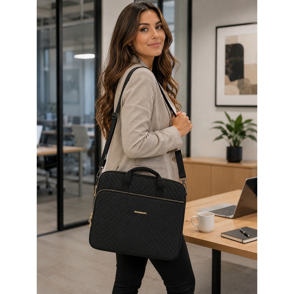 Bagsmart Black Quilted 15.6 inch Laptop Case Messenger Bag Shoulder Strap Gold